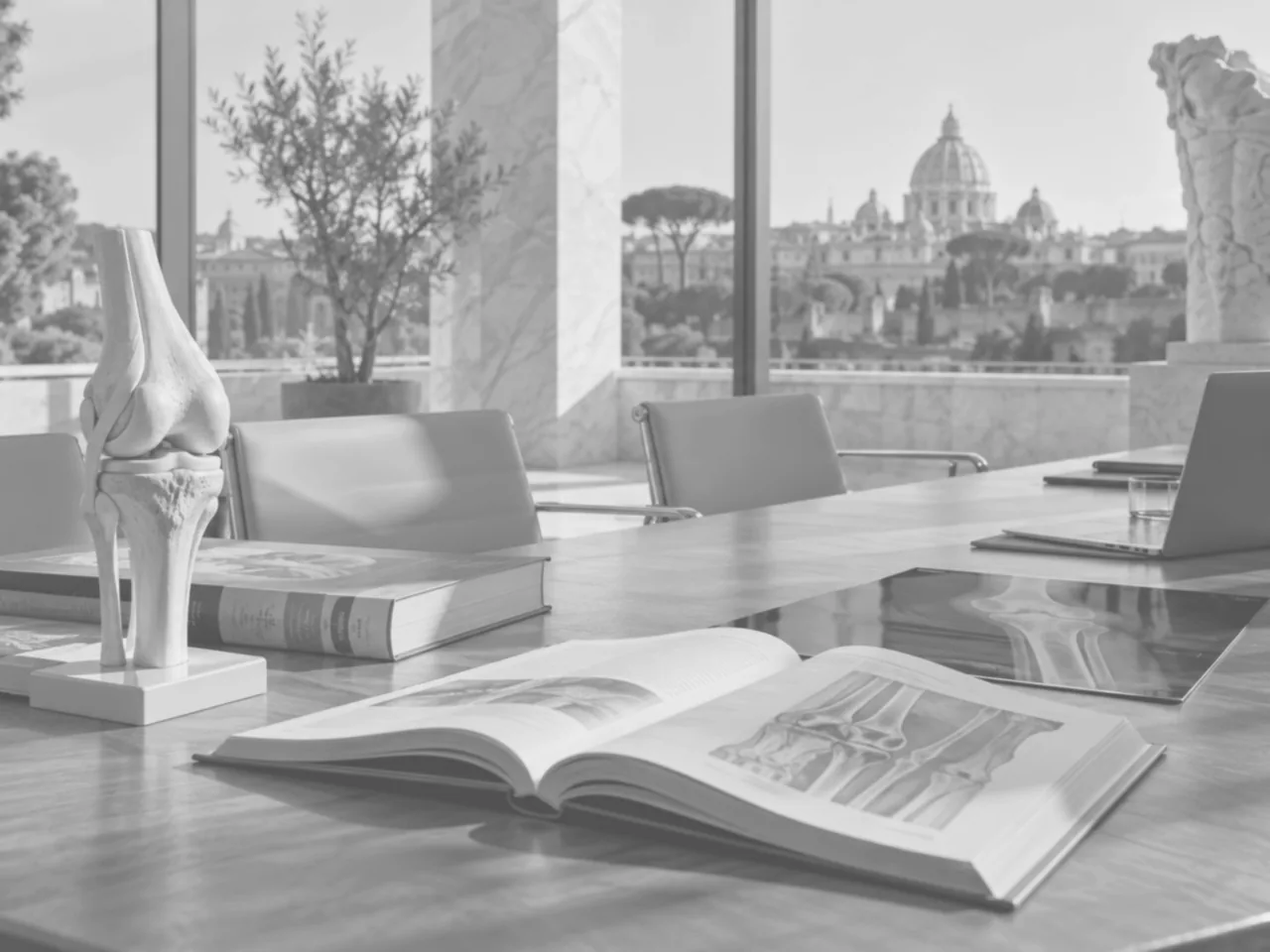 Ambiente istituzionale medico-scientifico con vista su Roma e materiali di studio ortopedico