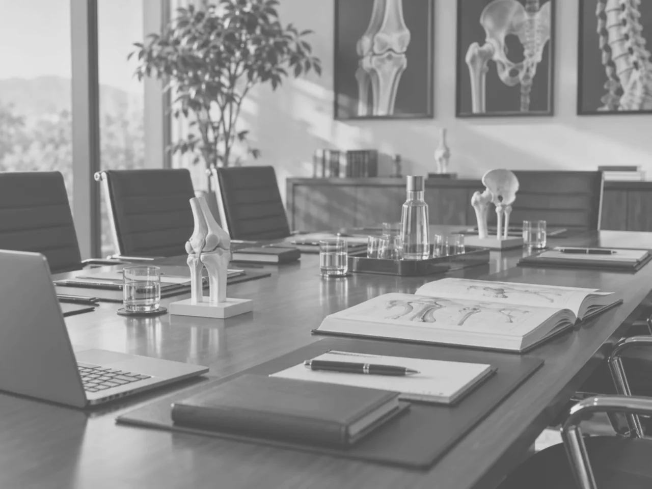 Sala riunioni istituzionale con materiali scientifici e modelli anatomici per il direttivo